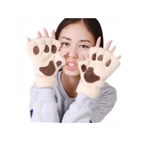 Mujeres Fluffy Bear gato de la felpa de la pata Garra Guante-novedad de Halloween Toweling medios guantes cubierto Beige - Envío