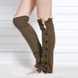 Bota Calcetines para mujer Rodilla Knit botón plano ganchillo del cordón del ajuste calentadores de la pierna - Envío Gratuito